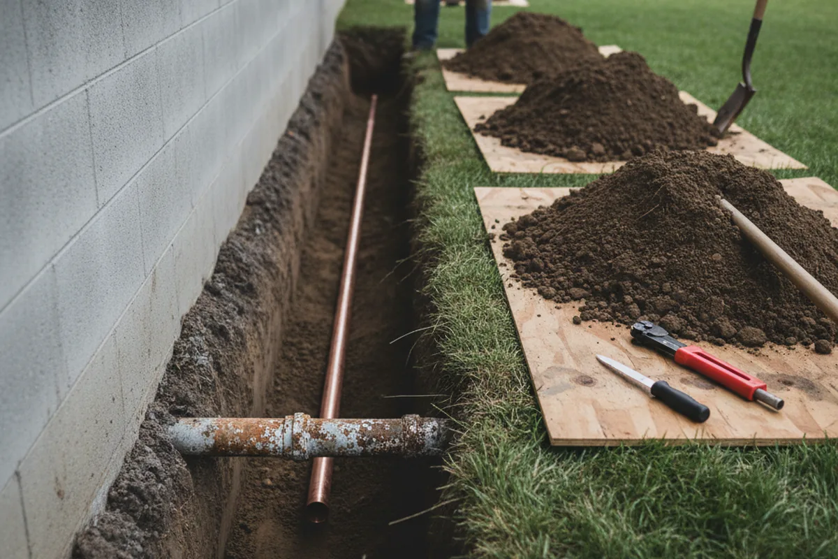 Excavated water line trench during Water Softener Installation in Holt